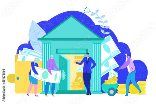 Pension fund concept, retirement financial investment in bank and plan insurance social security, isolated on white vector illustration.