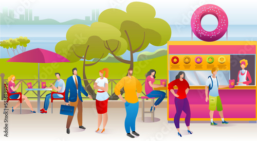 People in park cafe, donuts kiosk, street sweet food truck vector illustration. Summer city food street festival, fast food outdoor.