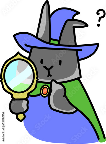 魔法使い姿のうさぎが虫眼鏡を持つイラスト　RPGゲーム風