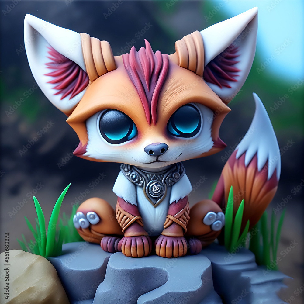 Realistic Illustration of a Cute Polymer Clay Anime Fox. [Digital Art  Painting, Sci-Fi / Fantasy / Horror Character, Graphic Novel, Postcard, or  Product Image] Stock Illustration | Adobe Stock