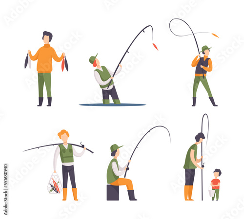 Fisherman in Boots with Fishing Rod Angling Engaged in Leisure Activity Vector Set