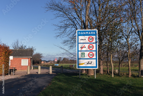 Obraz na płótnie Sign with information about speed limits in Denmark at Denmark - Germany border crossing point. w salonie