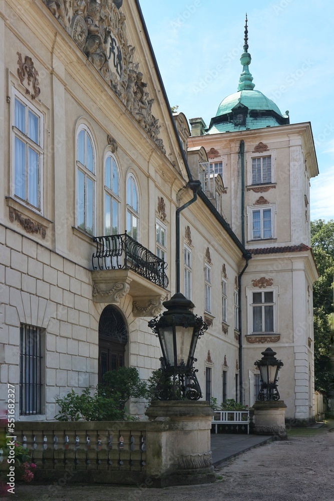 View of the main entrance to the baroque, 17th-century palace in Nieborow, Poland.