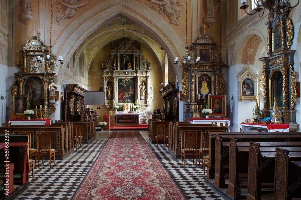 Obraz premium Interior of the medieval late-gothic church of St. Jadwiga in Nieszawa, Poland.