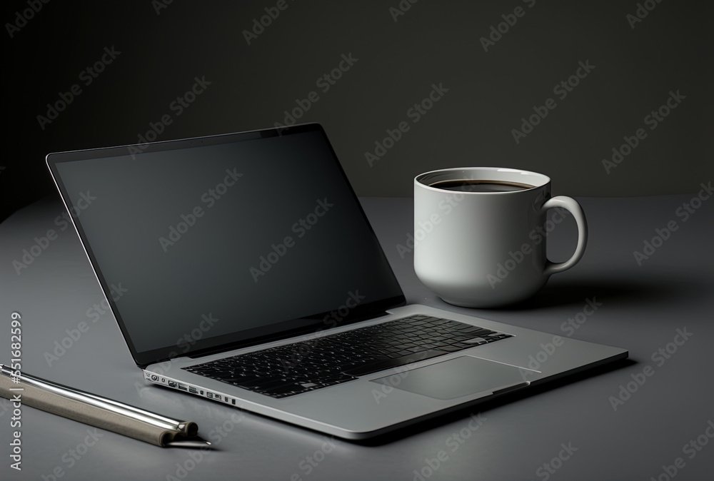 Atop a gray background, a laptop is seen with a coffee cup and stationery.. Generative AI Atop a gray background, a laptop is seen with a coffee cup and stationery.. Generative AI