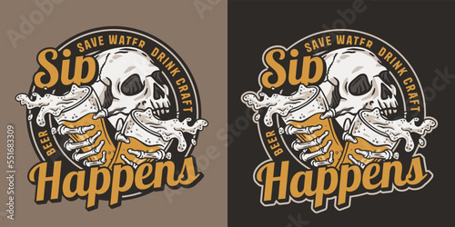 Skeleton with beer glass with splashes foam for bar emblem or drink print. Brewery logo design with skull, mugs and skeleton hands for craft shop or screen printing