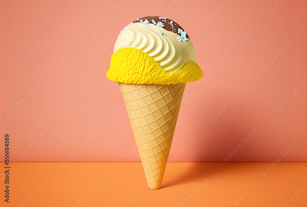 On a yellow backdrop, a soccer or football is shown within an ice cream cone.. Generative AI On a yellow backdrop, a soccer or football is shown within an ice cream cone.. Generative AI