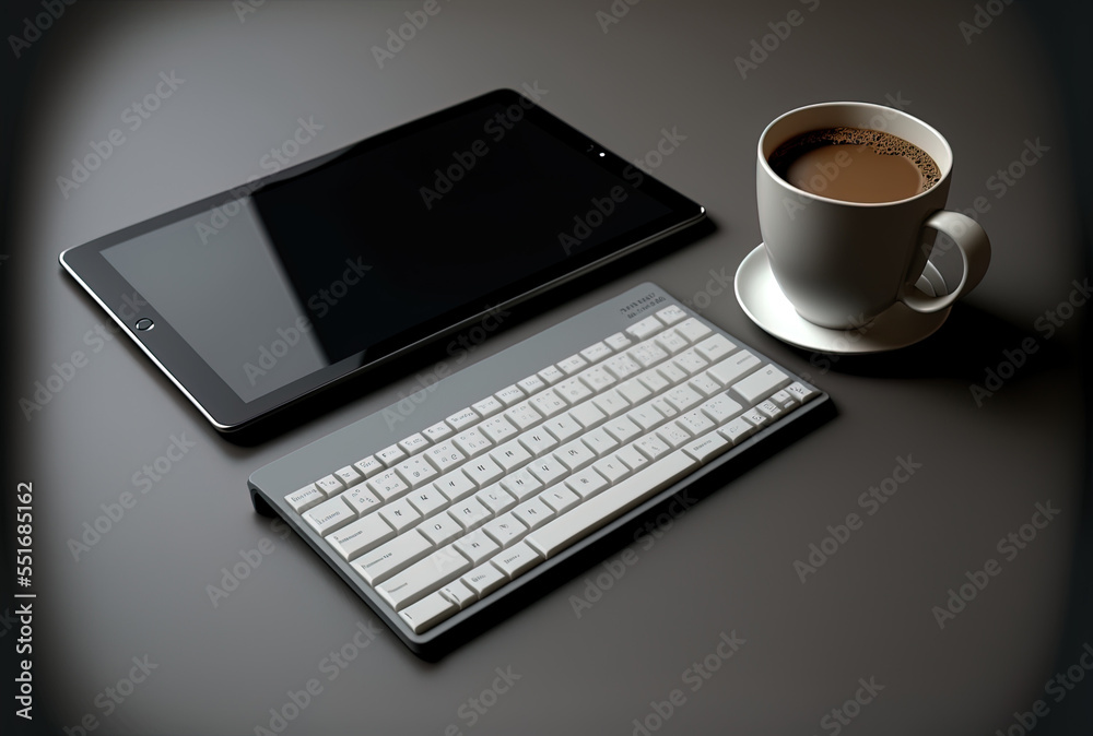 a contemporary digital tablet in closeup with a keyboard, a coffee cup, and a mouse against a gray background.. Generative AI a contemporary digital tablet in closeup with a keyboard, a coffee cup, and a mouse against a gray background.. Generative AI