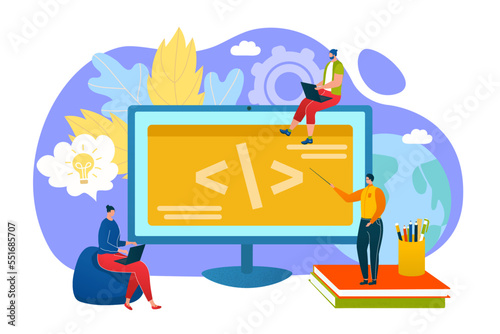 Programming education coding scrum team concept, programmers learn coding on computer vector illustration. People reate code or program of game.