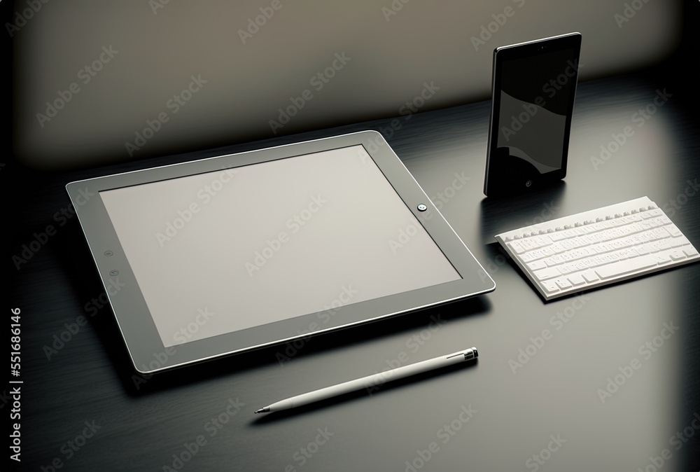 gray office desk with a white blank tablet. Generative AI gray office desk with a white blank tablet. Generative AI