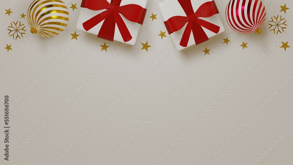 Christmas top view flat lay with white presents and red bows, red and gold striped baubles, gold snowflakes and stars as a top frame 3D render. Blank space for copy.