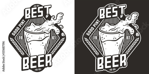 Beer glass with splashes foam for monochrome bar emblem or pub print. Brewery logo design with beer mug and froth for print shop or beer business