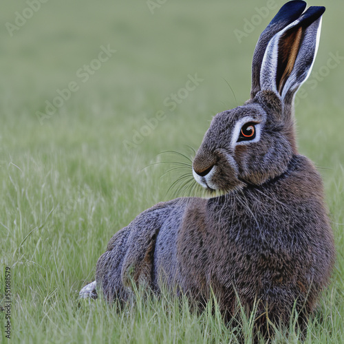 Realistic Big Black Rabbit In A Clearing. New Year symbol 2023. Artificial Intelligencel Network Picture.
 photo