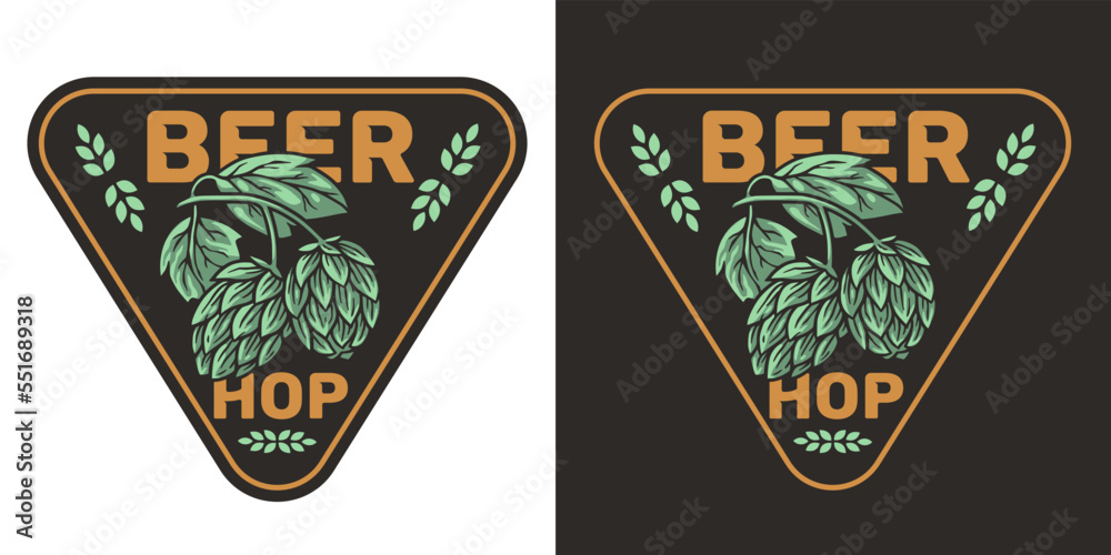 Beer logo with hop cone and leaf for craft beer label or print. Brew emblem for bar, pub or brewery shop