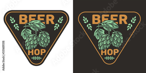 Beer logo with hop cone and leaf for craft beer label or print. Brew emblem for bar, pub or brewery shop