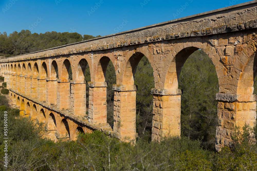 View of Pont del Diable with two levels of arches, antique Roman aqueduct near Spanish town of Tarragona