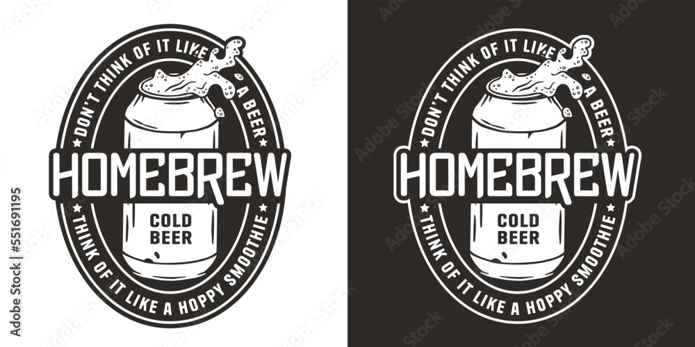 Brewery logo with metal can and splashes foam for label or print. Brew emblem or craft beer logo with aluminium tin and froth for bar, pub or brewery shop