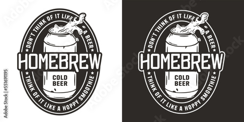 Brewery logo with metal can and splashes foam for label or print. Brew emblem or craft beer logo with aluminium tin and froth for bar, pub or brewery shop