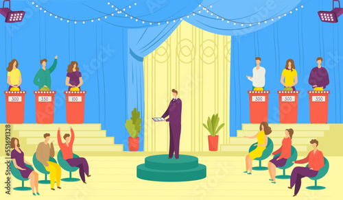 Television show, tv game vector illustration. Tv program of entertainment with participants answering questions or solving puzzles.