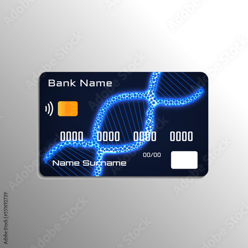 Credit debit card with neon spiral of DNA background