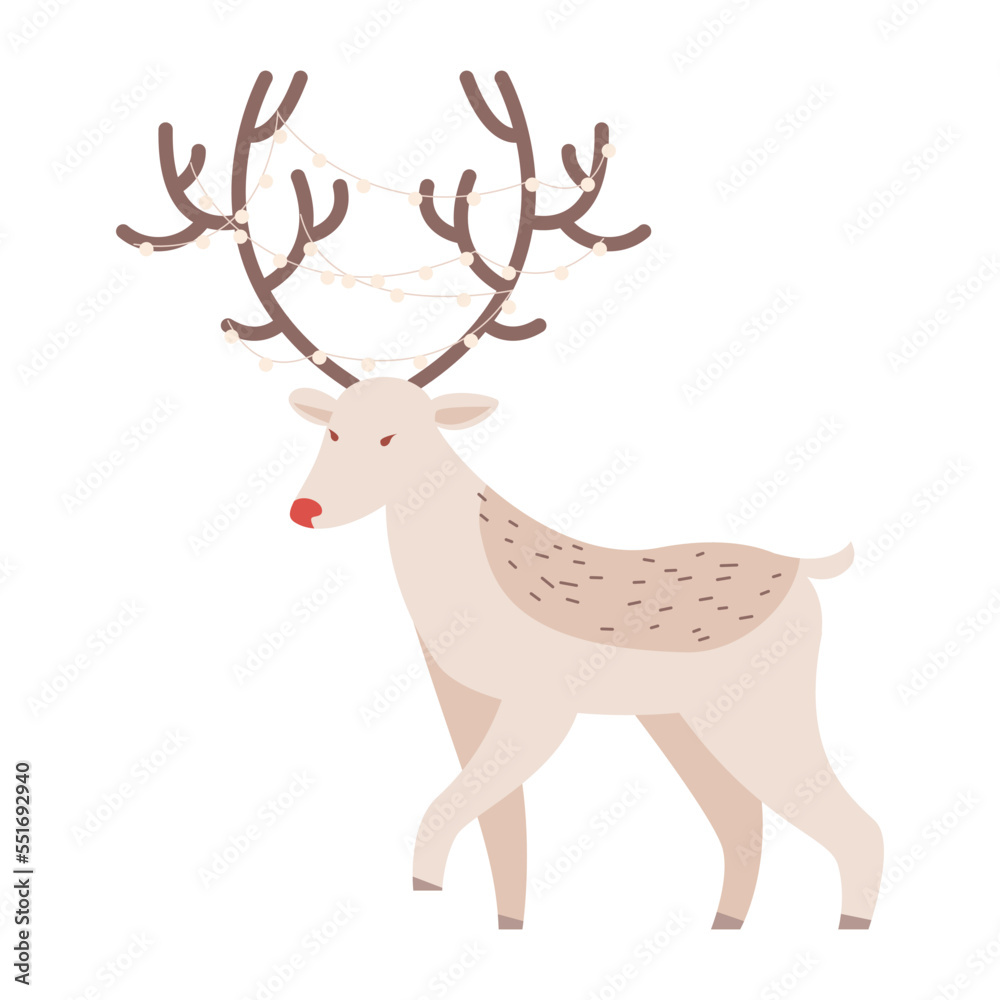 Wild forest deer with beautiful big antlers and a garland on the antlers. Decor for Christmas and New Year. Festive vector illustration in flat cartoon style Wild forest deer with beautiful big antlers and a garland on the antlers. Decor for Christmas and New Year. Festive vector illustration in flat cartoon style
