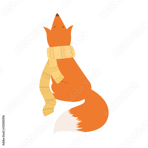 Charming illustration of a red fox with a white tail. Forest animal in winter with a garland and a warm winter scarf around his neck. Vector sketch of a wild animal