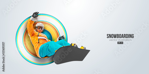 Realistic silhouette of a snowboarding on white background. The snowboarder man doing a trick. Carving. Vector illustration
