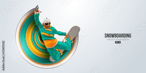 Realistic silhouette of a snowboarding on white background. The snowboarder man doing a trick. Carving. Vector illustration