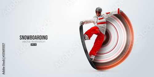 Realistic silhouette of a snowboarding on white background. The snowboarder man doing a trick. Carving. Vector illustration