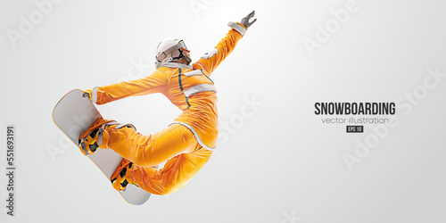 Realistic silhouette of a snowboarding on white background. The snowboarder man doing a trick. Carving. Vector illustration