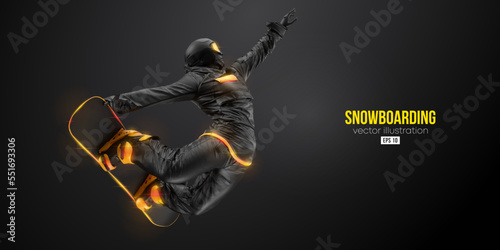 Abstract silhouette of a snowboarding on black background. The snowboarder man doing a trick. Carving. Vector illustration