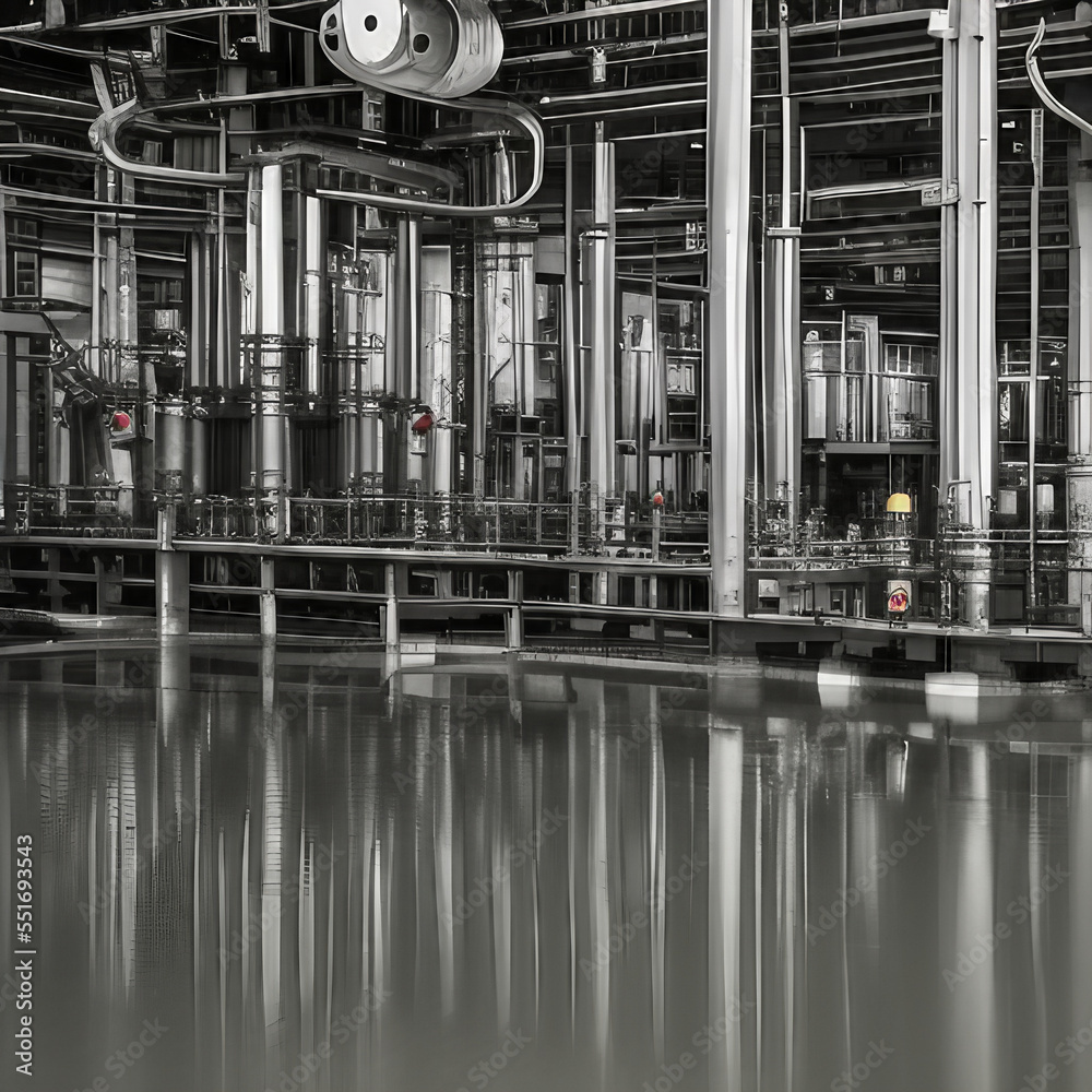 Generative AI illustration of a industrial chemical production facility with stainless steel pipes. Generative AI illustration of a industrial chemical production facility with stainless steel pipes.