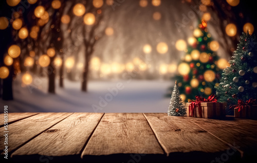 Empty wood table top with blur Christmas tree with bokeh light background 