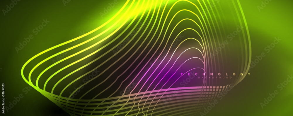 Techno neon wave lines, dynamic electric motion, speed concept. Templates for wallpaper, banner, background, landing page, wall art, invitation, prints Techno neon wave lines, dynamic electric motion, speed concept. Templates for wallpaper, banner, background, landing page, wall art, invitation, prints