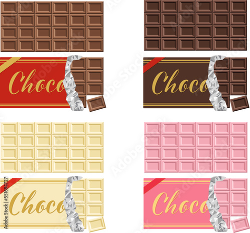 板チョコ4種セット_ミルク・ビター・ホワイト・ストロベリー_ベクターイラスト