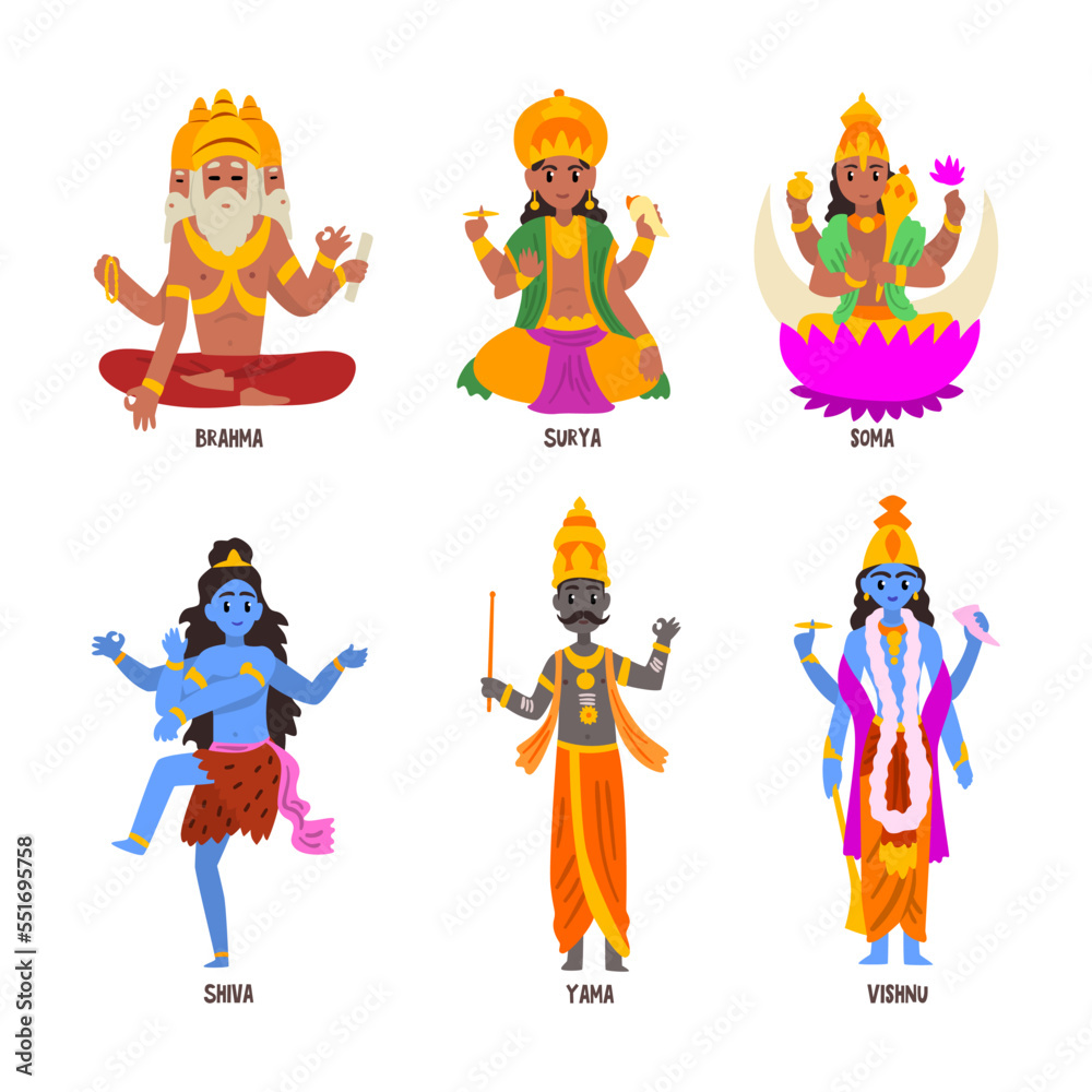 Vetor de Ancient Indian Hindu Gods and Deity with Brahma, Surya, Soma