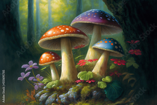 Colorful fantasy mushroom garden, oil painting.