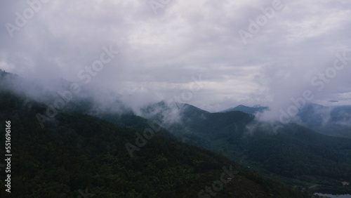 Aerial view of tropical forest with mist in the morning. Top view from drone of beautiful mountain tropical forest during winter in Thailand. Natural landscape background.