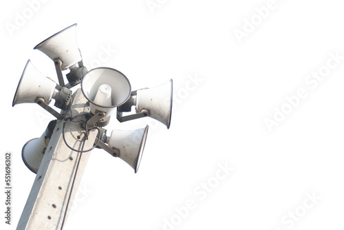 Speaker broadcasting on the technology pole isolated from broadcasting technology background.