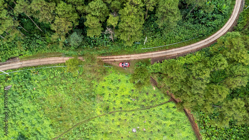 Aerial view from drone of mountain road with sun shining in forest. Top view of a road on a hill in a beautiful lush green forest in Thailand. Natural landscape background.