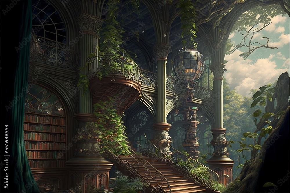 Fantasy library ruins in futuristic mechanical botanical garden  Illustration Stock | Adobe Stock