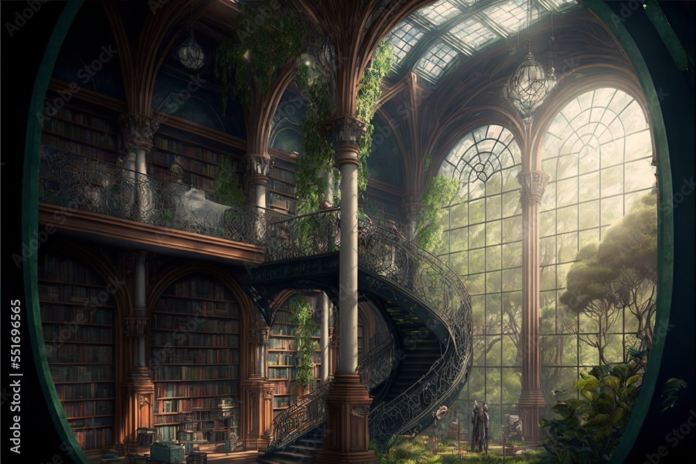 Fototapeta premium Ancient and abandoned fantasy library in old greenhouse cathedral of the old ones