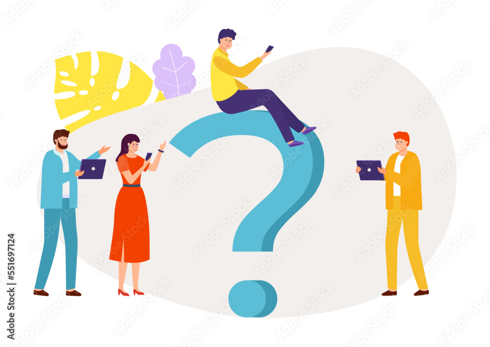 Ask question request tiny character together sitting question mark, search service flat vector illustration, isolated on white. Ask question request tiny character together sitting question mark, search service flat vector illustration, isolated on white.