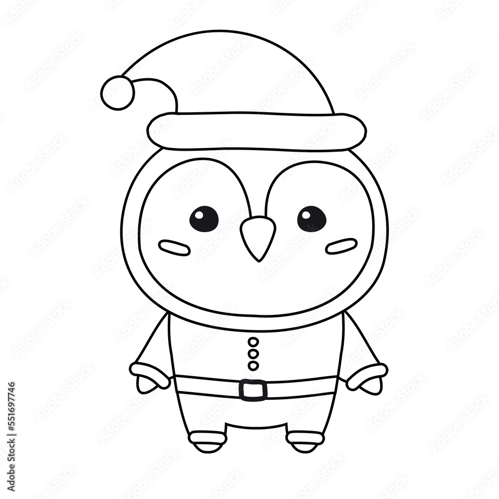 Vector flat hand drawn outline penguin in Santa Claus isolated on white background Vector flat hand drawn outline penguin in Santa Claus isolated on white background