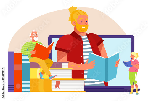 Modern technology book stack online club, tiny character read textbook web application flat vector illustration, isolated on white.