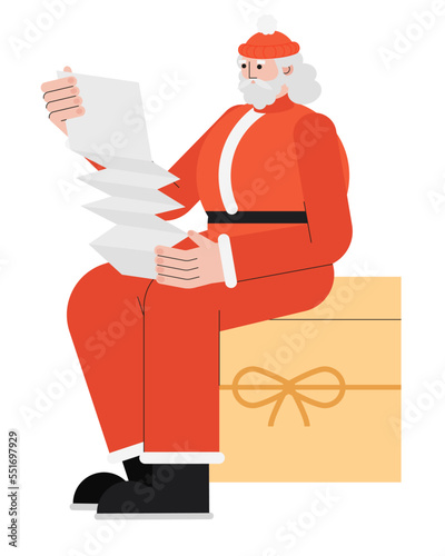 Santa Claus is sitting on a present and reading a letter (ID: 551697929)
