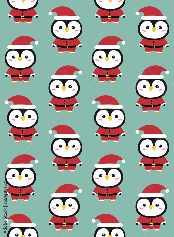 Vector seamless pattern of flat hand drawn penguin in Santa Claus isolated on mint background Vector seamless pattern of flat hand drawn penguin in Santa Claus isolated on mint background