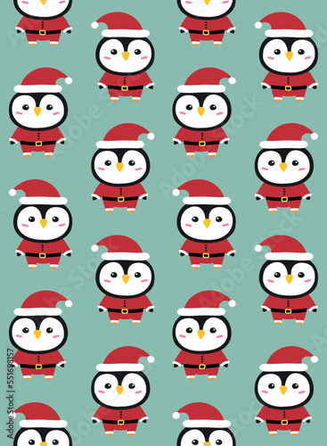 Vector seamless pattern of flat hand drawn penguin in Santa Claus isolated on mint background