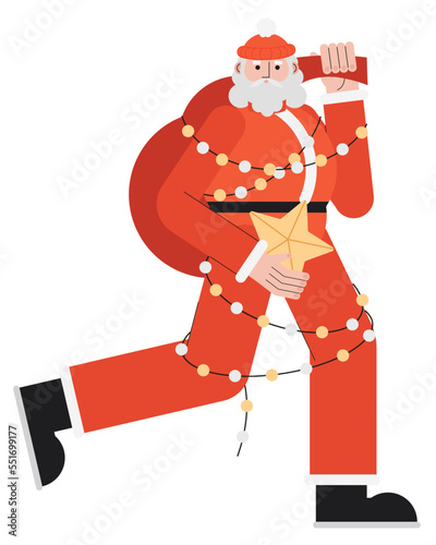 Santa in fairy lights. Santa Claus holds a Christmas star and presents (ID: 551699177)