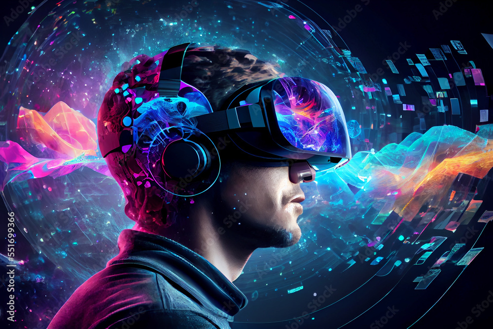 A person in a futuristic virtual reality headset, surrounded by a sea of vibrant data and sensory stimuli, interactting with a virtual reality environment that has been designed to simulate the brain A person in a futuristic virtual reality headset, surrounded by a sea of vibrant data and sensory stimuli, interactting with a virtual reality environment that has been designed to simulate the brain